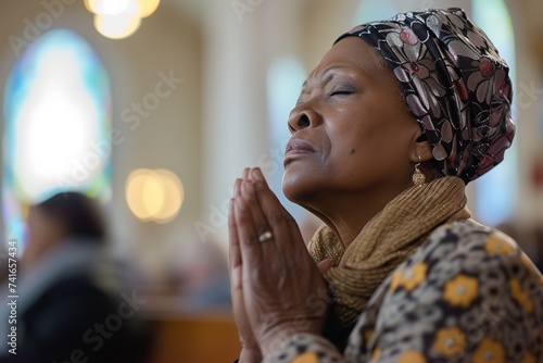 individuals praying, meditating, or attending church services on Easter, conveying the introspective and spiritual aspects of the holiday. Use quiet scenes, peaceful expressions, and symbolic religiou