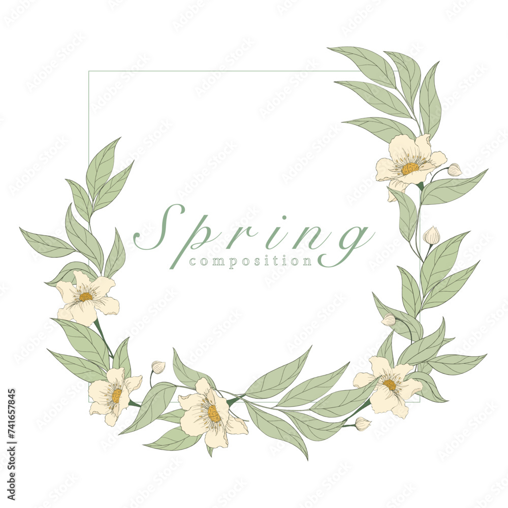 Vector round frame with freesia flowers and leaves on white background. Spring title. Invitation design. Greeting card.