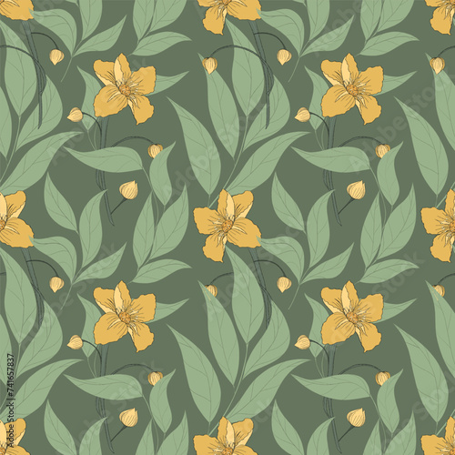Vector spring pattern with flowers on dark green background. Vector typography design for wrapping paper, wallpaper, textile, apparel.