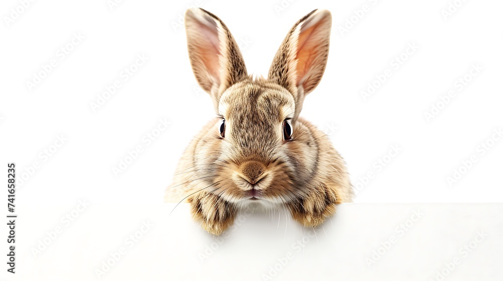 Rabbit looking over a signboard. Isolated on white background Rabbit looking over a signboard. Isolated on white background