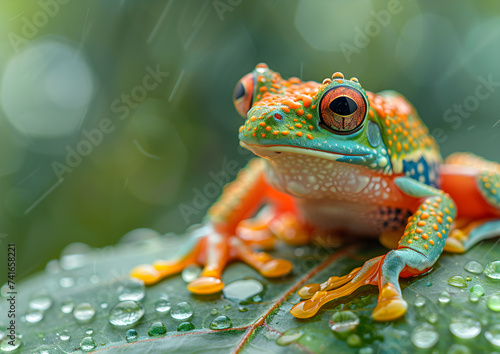 Tree Frog in the Rain, A professional photograph of a flamboyant tree frog perched on a leaf, its skin glistening with raindrops.