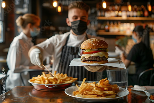 waiter man in a mask serving hamburger