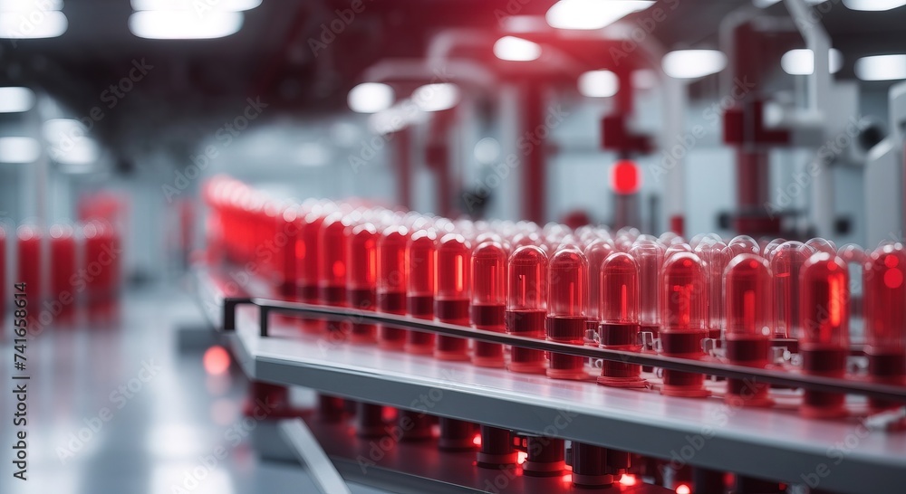 Red glowing tube row in a laboratory for testing