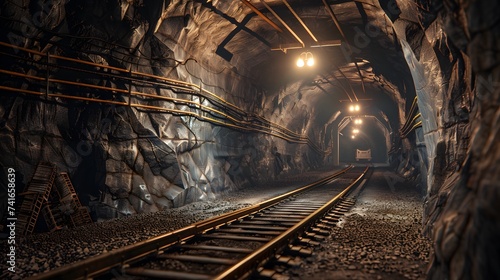 Underground coal mine with rails and trolley 