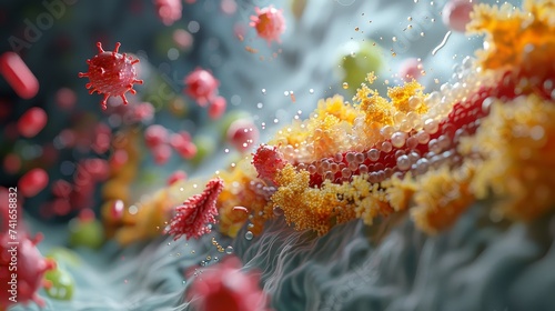 Close-up 3D illustration of vibrant virus particles engaging with the human immune response at the cellular level.