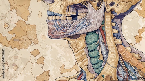An intricate anatomical illustration showcasing the complex structure of the human neck and jaw with detailed musculature and vasculature.