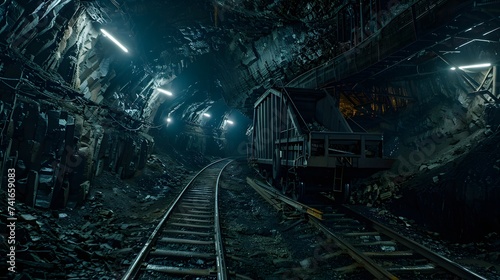 Underground coal mine with rails and trolley
