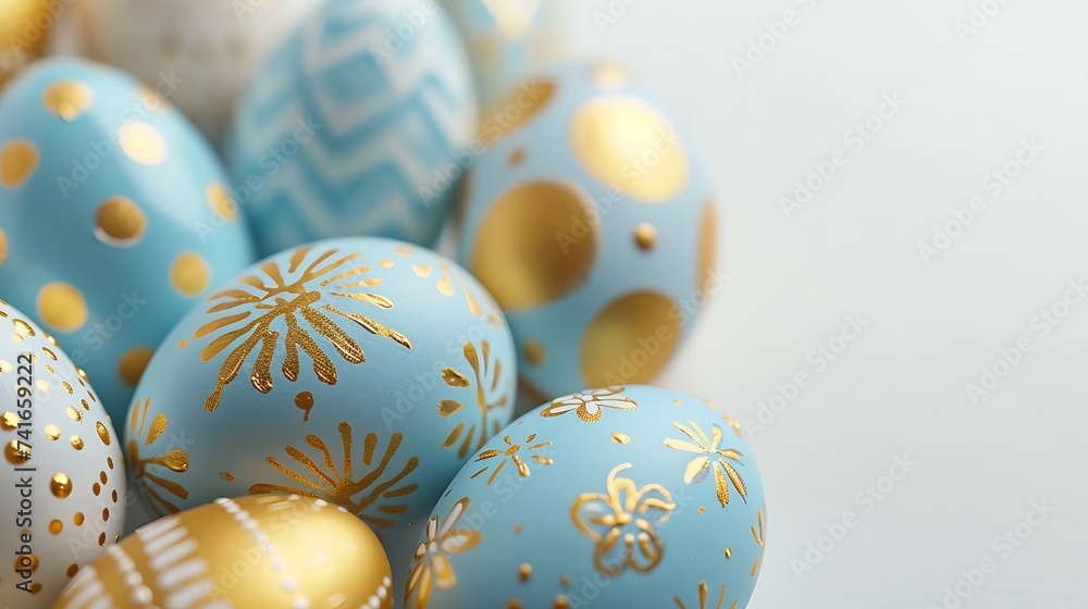 Frame background with gold and blue easter eggs with copy space for text Frame background with gold and blue easter eggs with copy space for text