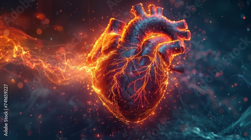 A captivating 3D image of a human heart with glowing veins  illustrating the flow of electrical energy within the cardiovascular system.