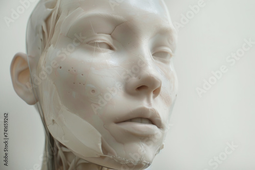 Generate an ethereal portrait of a humanoid figure whose face hints at both human and machine characteristics