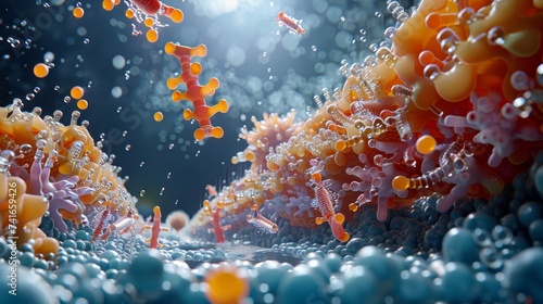 An intricate 3D of a cellular environment, with vividly colored antibodies floating among cell membranes, depicting a microscopic defense mechanism. photo