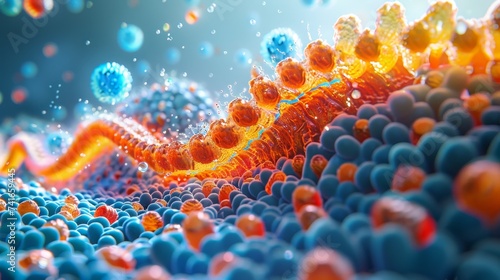 A vibrant depiction of molecular transmission across a cell membrane, featuring molecules in the process of transmembrane movement. photo