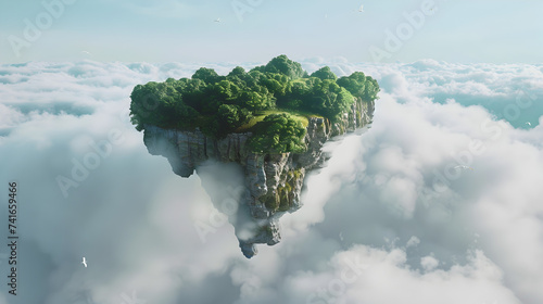 view of the world 3d image, A fantasy island in the sky with a waterfall and a house on it. © Zafar