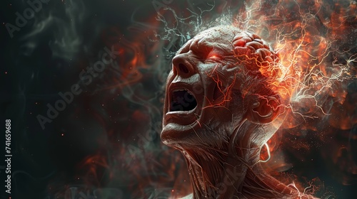 Dramatic visualization of a person experiencing an intense emotional outburst with neural overload.