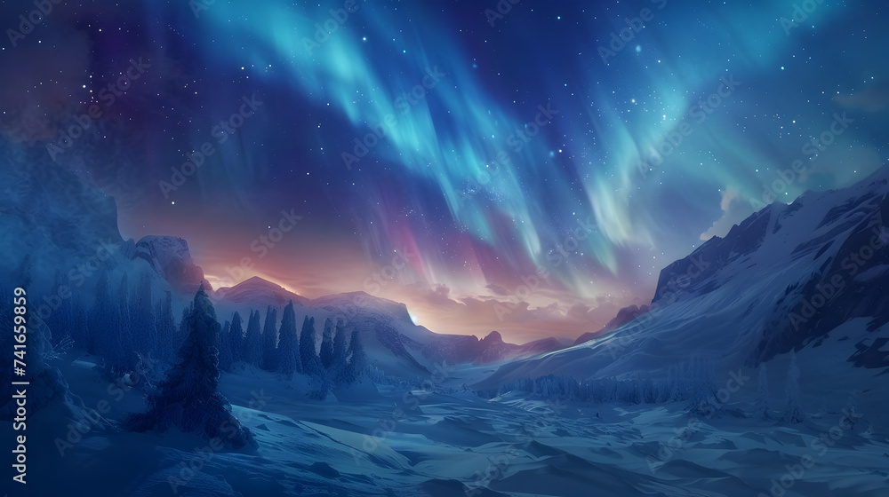 sunrise in the mountains 3d image,
Northern landscape aurora borealis snow covered mountains and milky way stars at sky