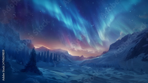 sunrise in the mountains 3d image, Northern landscape aurora borealis snow covered mountains and milky way stars at sky © Zafar