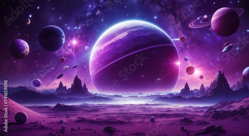 Space background with purple planet landscape