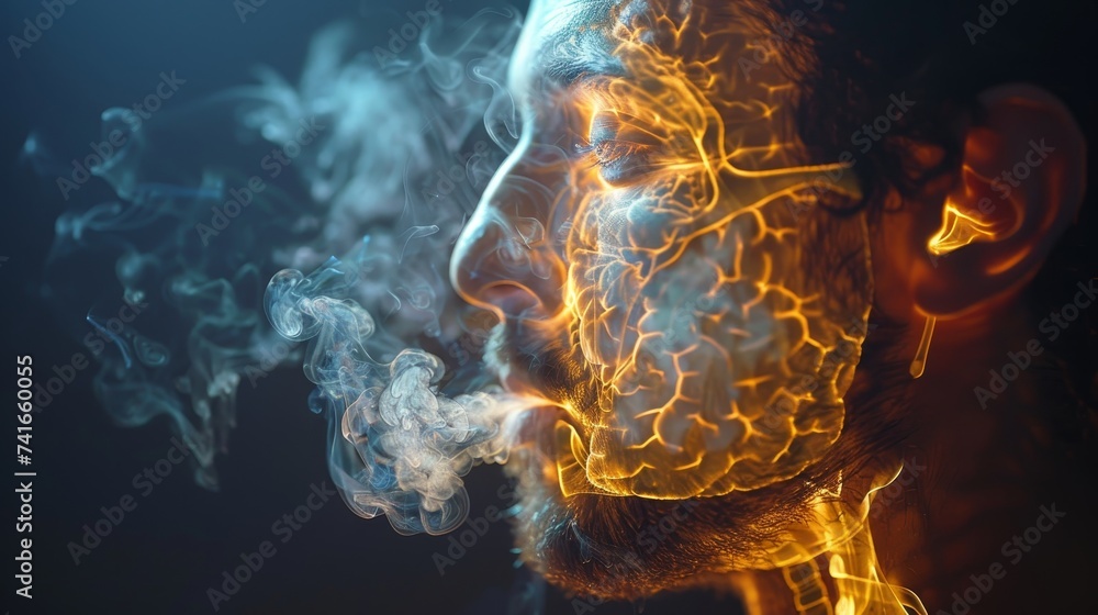 Conceptual digital art depicting a human profile with an illuminated ...