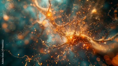 Digital rendering of a single neuron with extended synaptic connections, glowing brightly against a soft blue background.