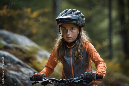 Portrait of a girl in a helmet on a mountain bike.