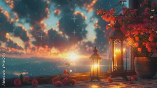 Behind the window ador ned with lanterns casting. seamless looping time-lapse animation video background

 photo
