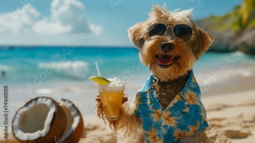 adorable dog sit sand at the beach sea on summer vacation holidays, wearing sunglasses and flower hawaiian drinking cocktail. © Nataliya