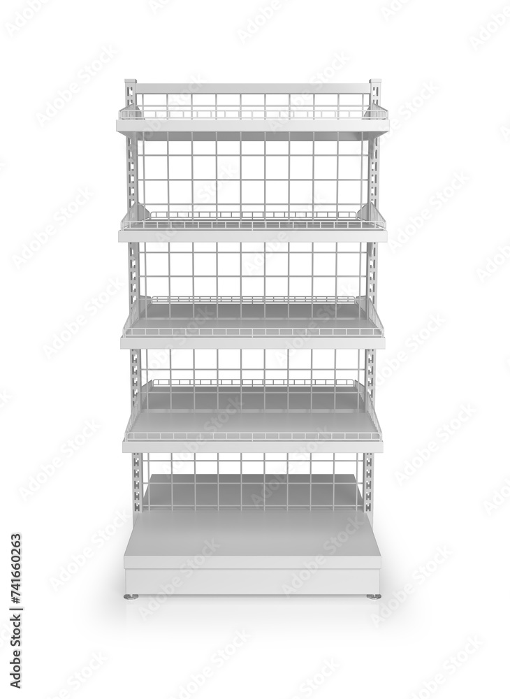 White empty retail shelving made of metal mesh with shelves. 3d illustration on white background White empty retail shelving made of metal mesh with shelves. 3d illustration on white background