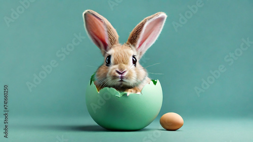 Cute Easter bunny hatching from green Easter egg © triocean