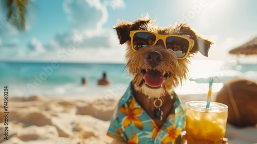 adorable dog sit sand at the beach sea on summer vacation holidays, wearing sunglasses and flower hawaiian drinking cocktail. © Nataliya