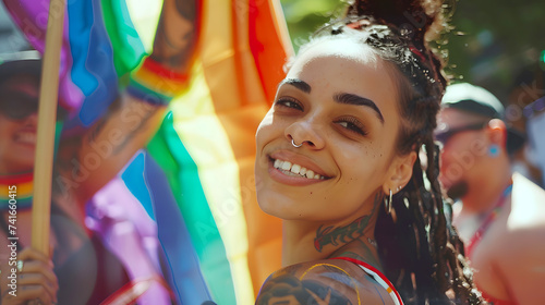 African American girl with dreadlocks celebrating pride day on a parade