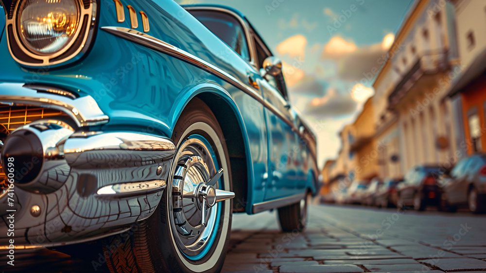 Vintage classic american car in a colorful street. Travel and tourism concept.
