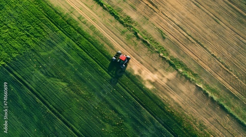 Tractor mowing green field, aerial view. Aerial view of a Tractor fertilizing a cultivated agricultural field.
