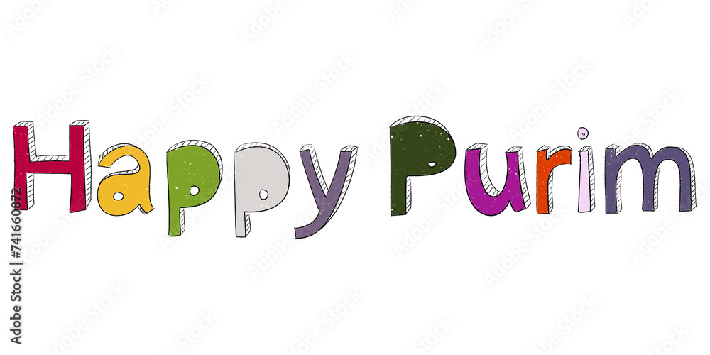 Happy purim hand drawn lettering. colorful title of Israeli holiday Happy purim hand drawn lettering. colorful title of Israeli holiday