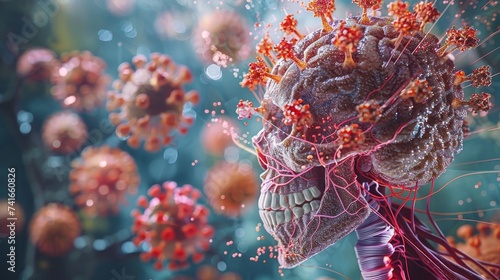 A striking illustrative depiction of a human brain being enveloped by virus particles, symbolizing a viral infection affecting the nervous system. photo