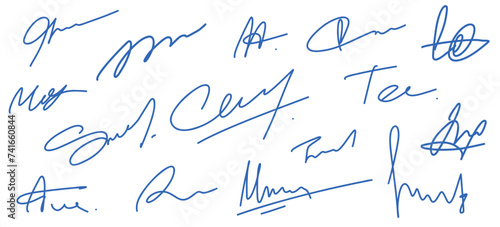 Set of  fictitious  signatures blue ink. Autographed illustration.
