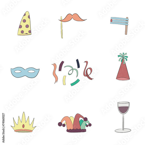 party, holiday, festive elements. hand drawn 9 isolated elements photo