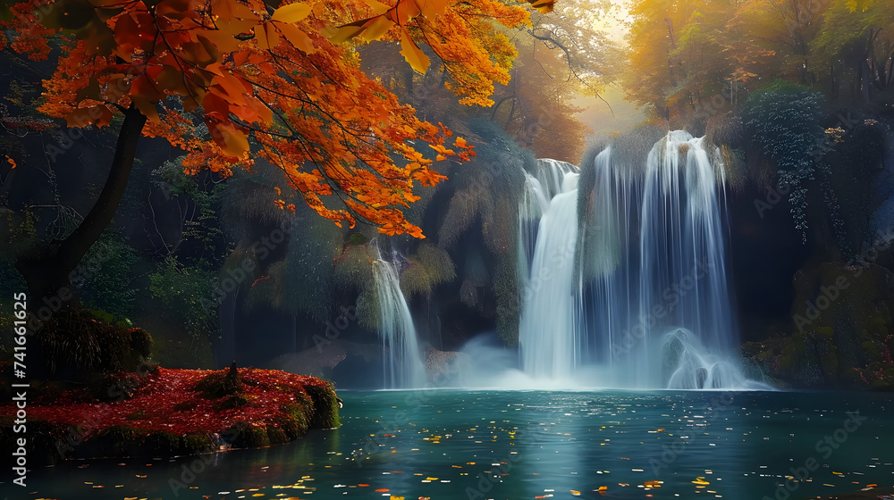 A serene waterfall surrounded by vibrant autumn foliage,
A waterfall in a forest with a waterfall in the background
