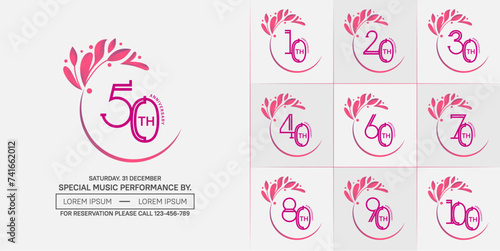 set of anniversary logotype pink color with swoosh and ornament for special celebration event