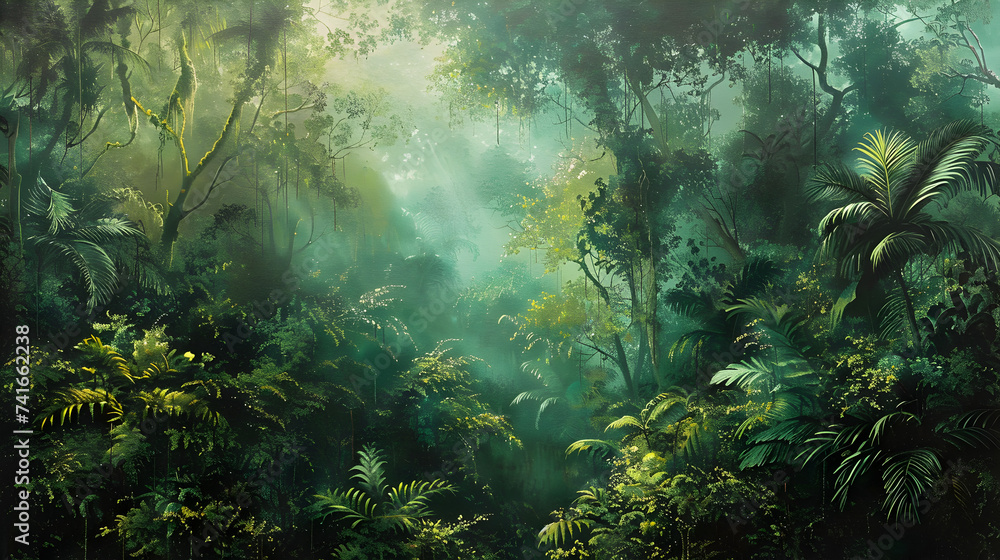 Painting of a tropical jungle scene with palm trees and other plants ...