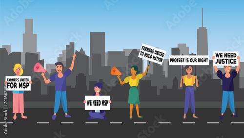 Farmers Unity: Echoing Demands Cityscape, A vibrant vector encapsulating the spirit of the farmers' protest. Six diverse individuals, united in their cause, hold placards echoing their demands for MSP