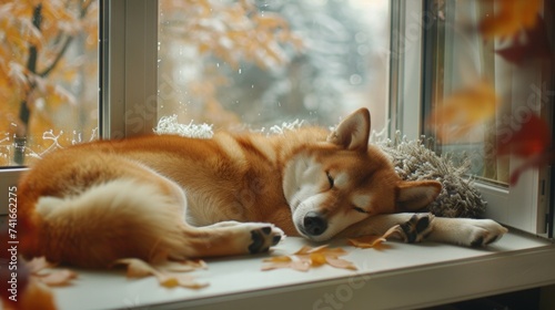 Charming, sweet puppy on window sill. Close-up, indoor. Day light. Concept of care, education, obedience training, raising pets