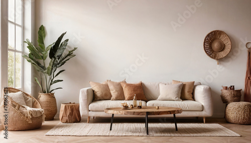 Living room interior wall mockup in warm tones with beige linen sofa photo