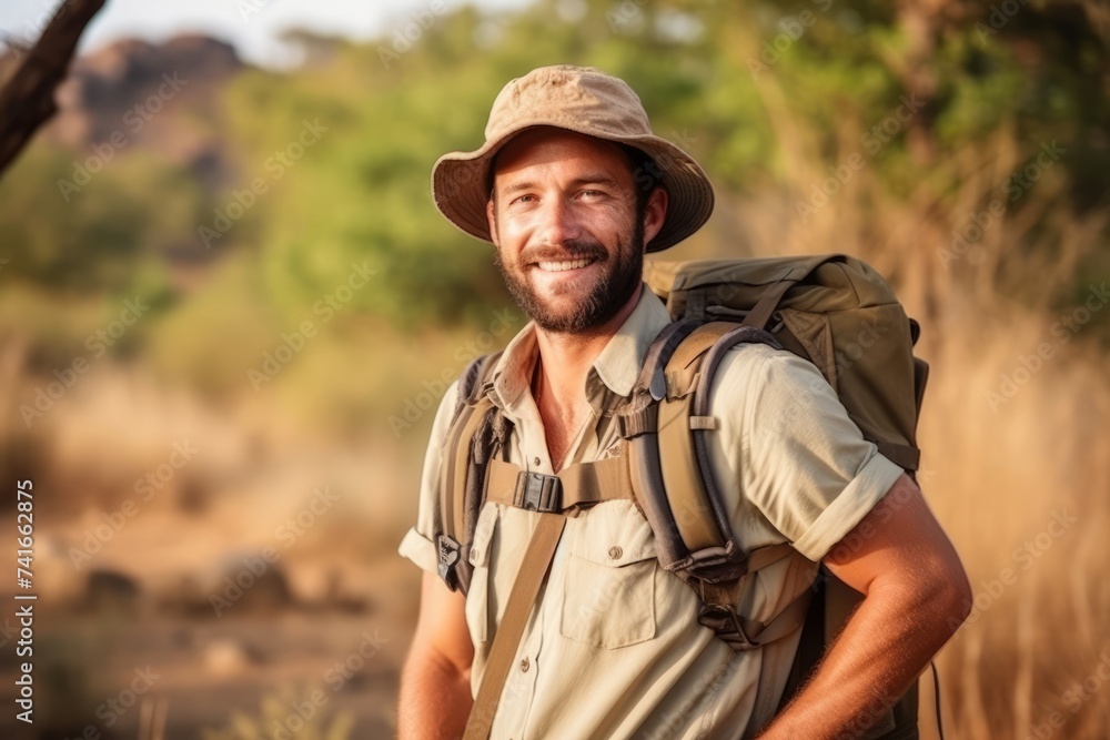 Hiking man smiling and looking at camera with backpack in the field
