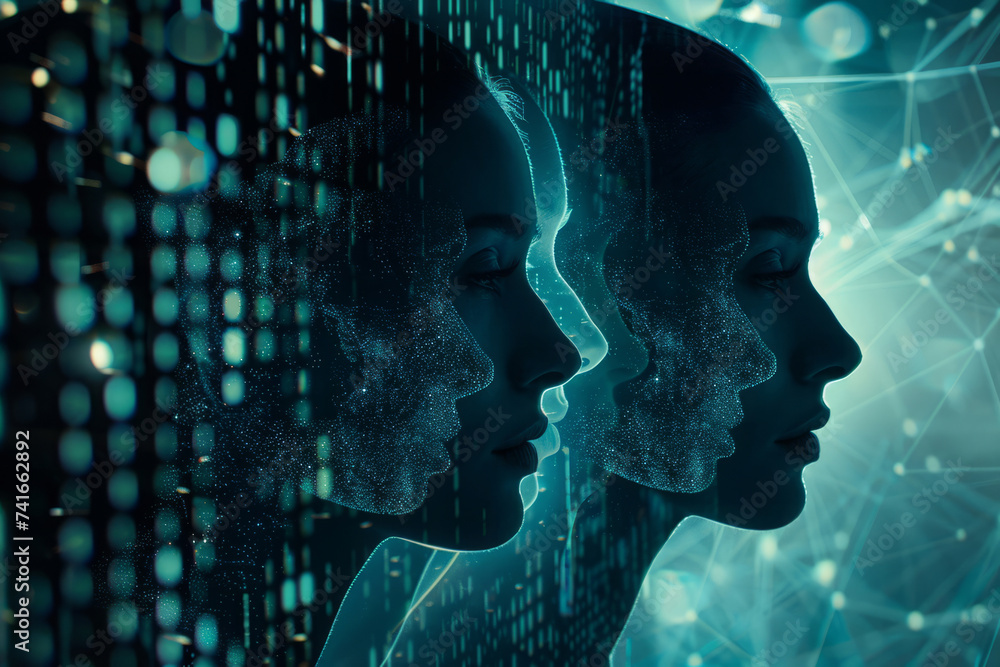 Digital Transformation of Human Face Into Deep Fake Representation. Profile of persons face transitions into virtual deep fake counterpart Digital Transformation of Human Face Into Deep Fake Representation. Profile of persons face transitions into virtual deep fake counterpart