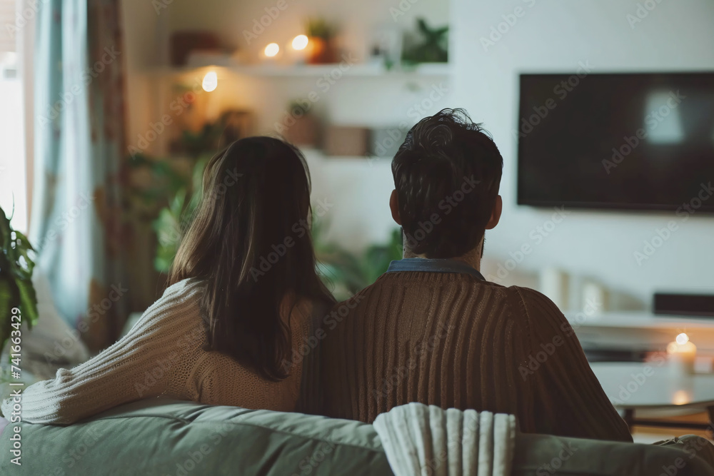 Back view of adult couple watching TV at home Back view of adult couple watching TV at home