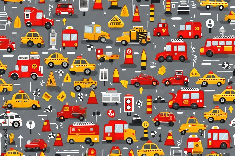 Seamless pattern with fire truck, police car, ambulance, taxi, car, traffic lights, road signs on a gray background. Cartoon vector illustration for wallpaper, print, fabrics.