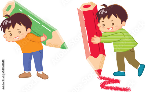 えんぴつを持った男の子のイラスト 2ポーズ
