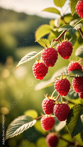 Sun-Kissed Raspberries Ripening on the Vine During a Warm Summer Afternoon