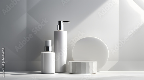 Bathroom essentials neatly organized with hygiene and beauty products such as bottles  creams  and sprays on display