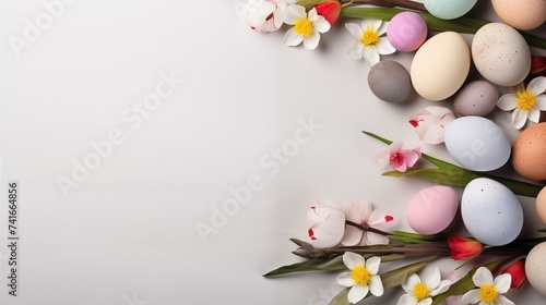 Easter Whimsy  Pastel Painted Eggs and Delicate Spring Blossoms on a White Surface